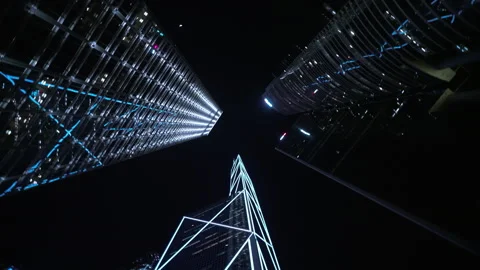 Vertical View Capturing Modern Illuminating Skyscrapers. Revealing Cutting-Edge Video stock 317306542