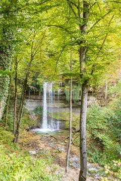 Vertical view of Cascade du DardNozon Gorge, Croy-Romainmtier, Canton of Vaud Stock Photos