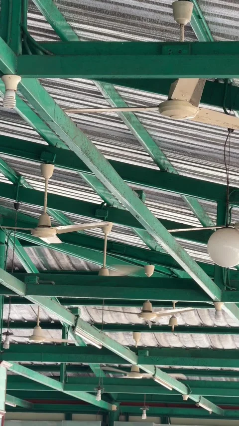 Vertical View Of Ceiling Fans Spinning Under Green Steel Roof Truss In Cafeteria Stock Footage 345710571