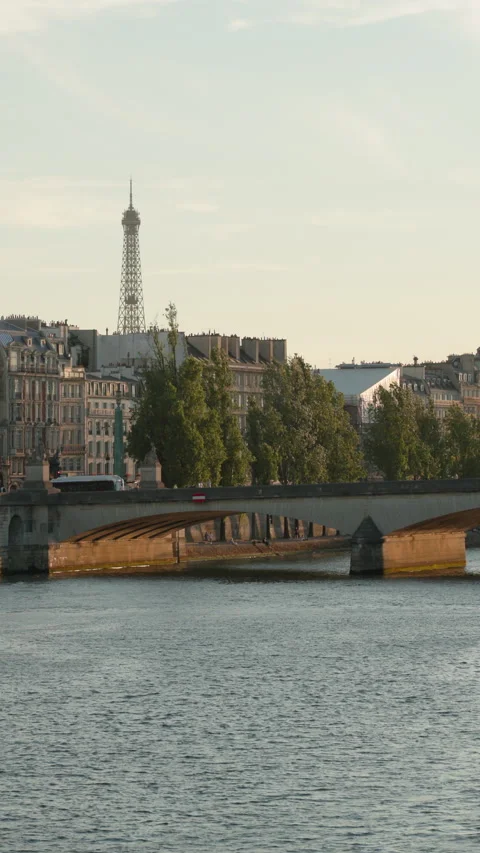 Vertical view of a classic stone bridge arching over the Seine River in Paris, w Stock Footage 338173989