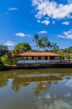 Vertical view of colonial buildings on the river in Paraty 写真素材