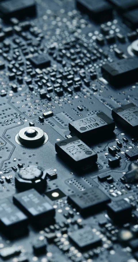 Vertical View of Complex Circuit Board  Microchips and Components Stock Footage 294376822