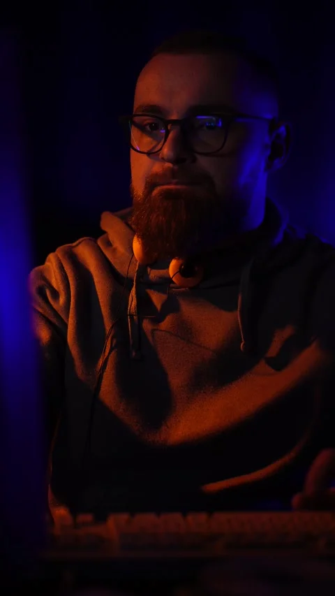 Vertical View of Cyber Security Expert From 1990's Working on Computer in Dark 스톡 동영상 301541061