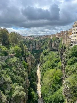 Vertical view into the deep and narrow Rhumel River gorge with steep cliffs a Stock Photos