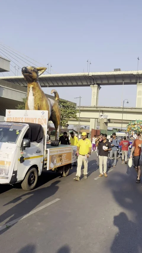 Vertical view of dog rabies awareness parade float at Panjim Carnival in Goa Видео 343134141