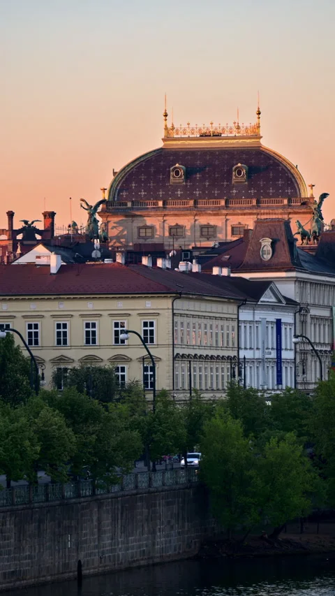 Vertical view of the dome and golden roof crest of the National Theatre above Stock-Footage 342277906