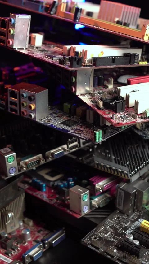 Vertical View of Electronic Waste, Old Computer Parts and Motherboards Stockbeeldmateriaal 331330965