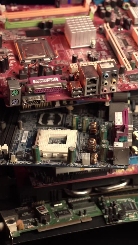Vertical View of Electronic Water, Graphic Cards and Motherboard of Computer Stock Footage 331313705