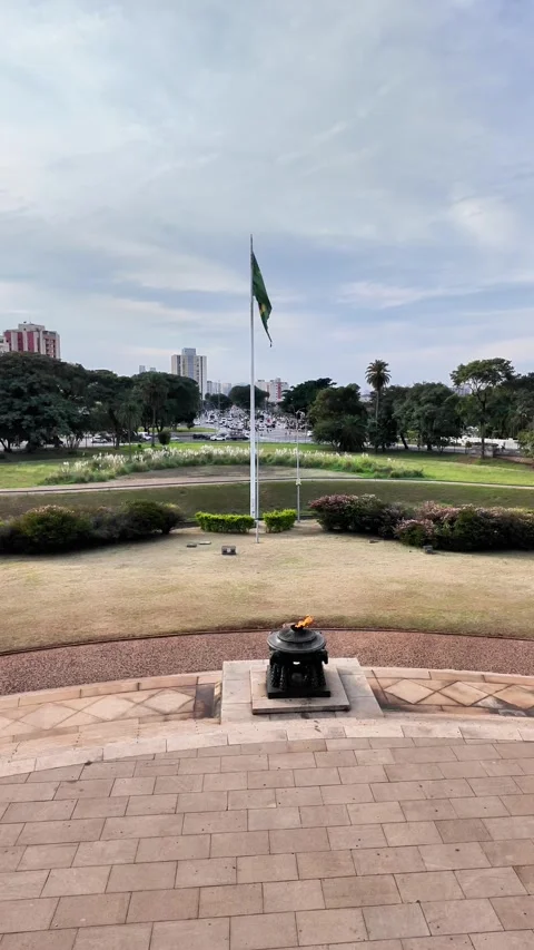 Vertical View of the Eternal Flame and Brazilian Flag at Independence Monument Video stock 334953841