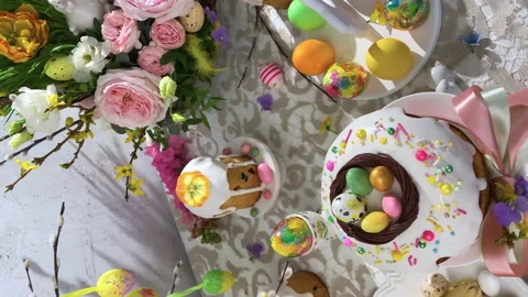 Vertical view. Festive Easter table setting. Stock Footage 234194982