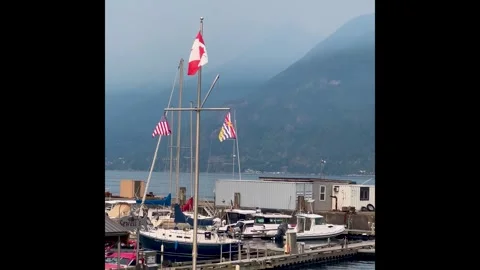 Vertical view of flags above Sewell's Marina, Horseshoe Bay Stock Footage 342478176
