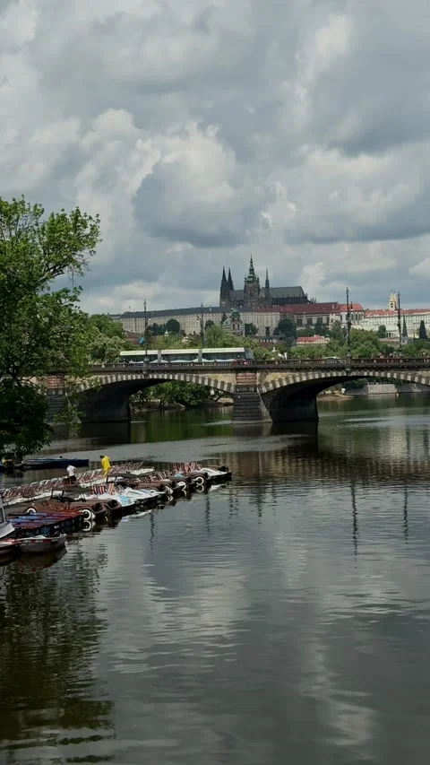 Vertical view of a floating pedal boat hire dock on the Vltava River in front Stock Footage 343021738
