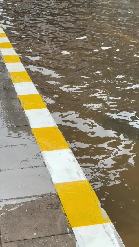 Vertical View Of Flooded Street Edge Along Yellow White Painted Curb Stock Footage 346596994