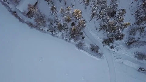 Vertical view of flying over winding forest road in Finland. Stock Footage 104387543