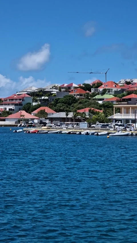 Vertical View of Gustavia Port and Buildings on Saint Barthelemy Island on Vídeo Stock 342693093
