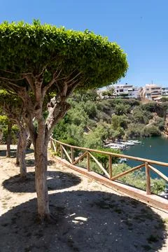 Vertical view from a high viewpoint in Agios Nikolaos featuring neat topiary  Fotos de archivo