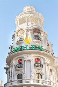 Vertical view of the iconic Edificio Grassy, located on Gran Via in Madrid Stock Photos