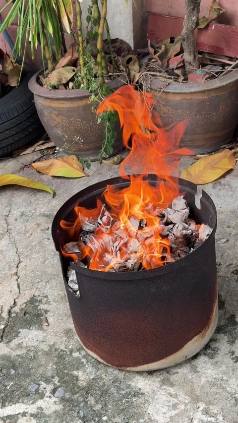 Vertical View Of Intense Fire Burning Joss Paper Money To Ashes Stock Footage 343725665