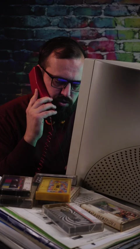 Vertical View of IT Guy or Programmer Talking Over Landline Telephone in Front Stock Footage 313578767