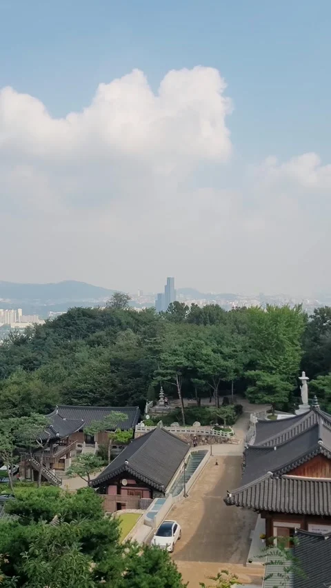 Vertical View: Korean Temple Overlooking Han River 4K Stock Footage 329947951