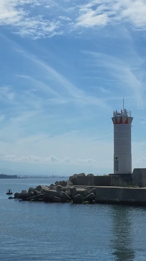 Vertical View of Kurobe Lighthouse and Blue Sky Stock Footage 346186760