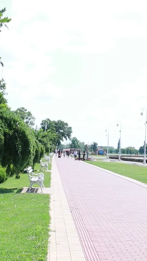 Vertical View of Lakeside Promenade with White Benches and People Video stock 334906173