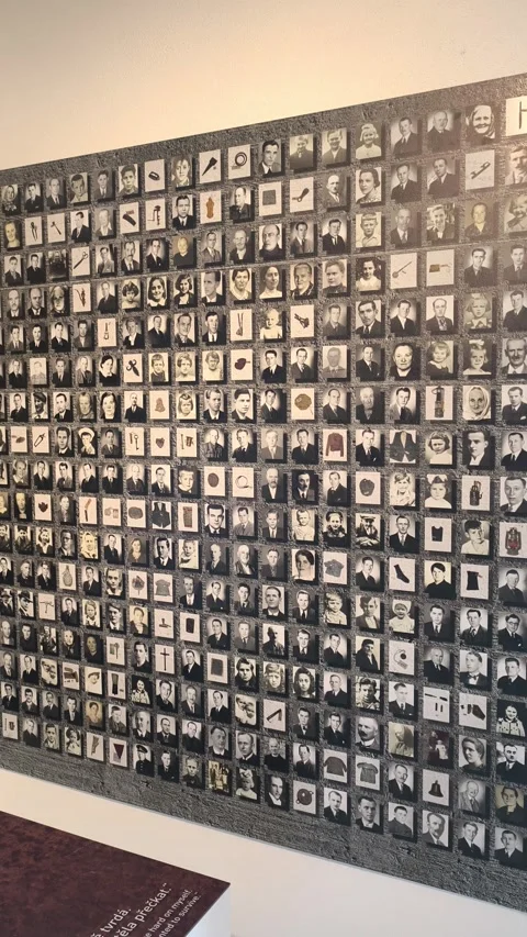 Vertical view of Lidice memorial wall filled with portraits of victims. Museum Vídeos de archivo 334250905