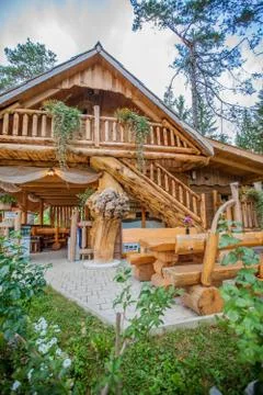Vertical view of a log cabin at Hija Glamping Lake Bloke in Nova Vas, Sloveni Stock Photos