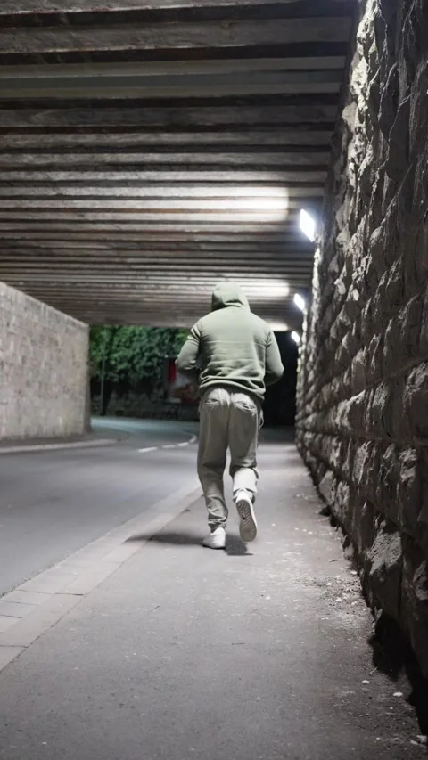 Vertical view. A lone runner swiftly moves through a dark urban underpass at Stock Footage 312526129