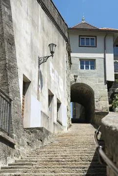Vertical view of long stone stairs leading from the lower to the upper town in Stock Photos