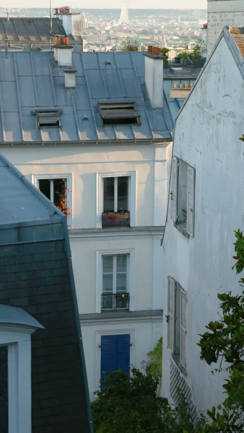 Vertical view looking down into a narrow Parisian courtyard between traditional  Stock Footage 337414242