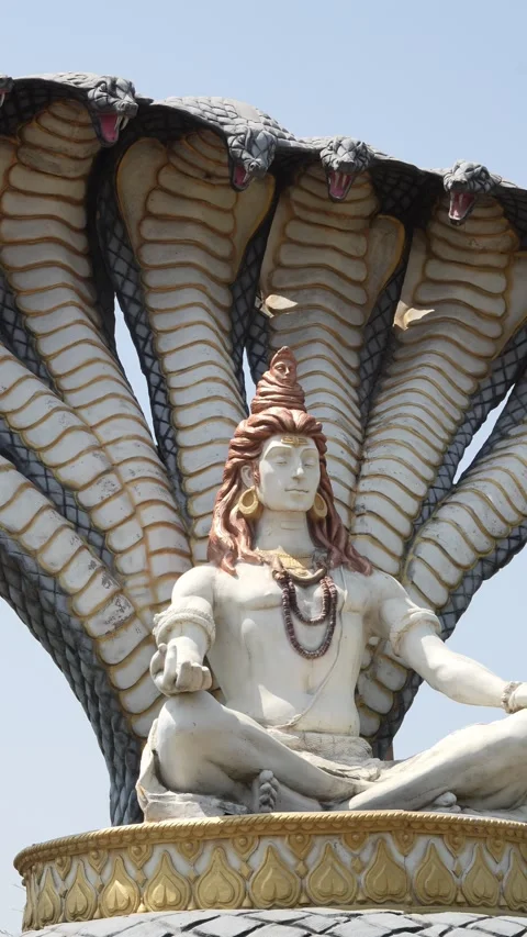 Vertical View of Lord Shiva Statue Under Multi Hooded Serpent Shelter, maha.. Stock Footage 336884036