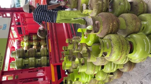 (Vertical view) LPG distribution. March 7, 2024. Yogyakarta, Indonesia. Stock Footage 279474539