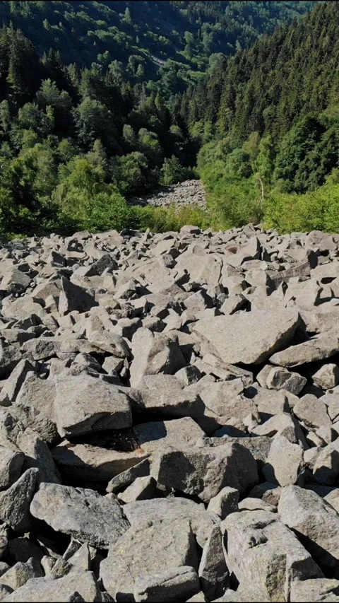 Vertical view of massive mountain rockfall covering green alpine valley with Stock Footage 343785661