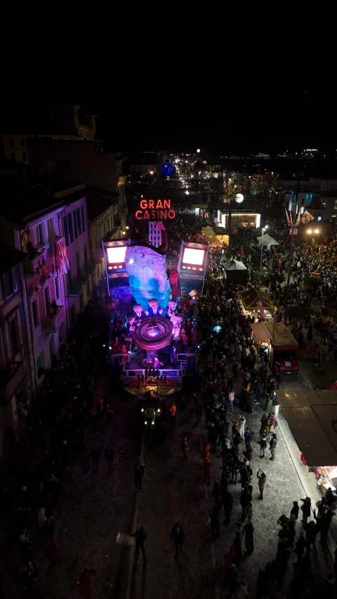 Vertical view of a mechanical float at Viareggio Carnival night Stock Footage 330741121