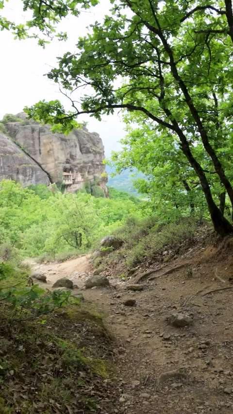 Vertical View Of Meteora Monastery From Forest Hiking Trail In Greece Stock-Footage 333411507
