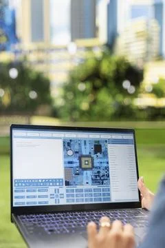 Vertical View of Microchip Design Interface on Laptop in Park Stock Photos