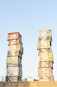 Vertical view of modern stacked architecture of Marina Twin Towers  Stock Photos
