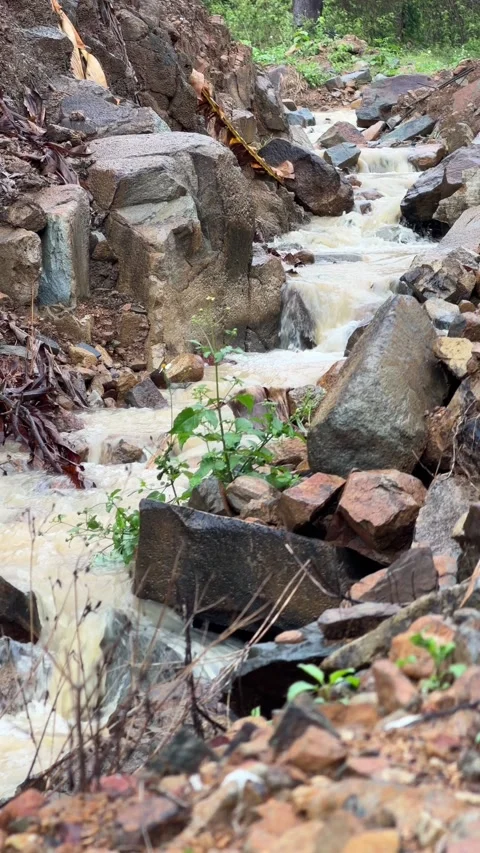 Vertical view of muddy water rushing through a rocky mountain stream after Vidéo 332859554