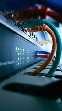 Vertical view of network switch with colorful ethernet cables and green LED.. Stock Photos