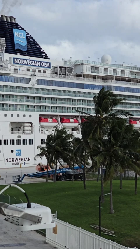 Vertical view of the Norwegian Gem cruise ship docked at port Stock Footage 340594826