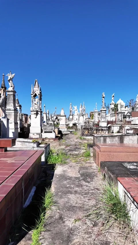 Vertical View of Old Cemetery with Marble Crypts and Monuments Stock Footage 337965296