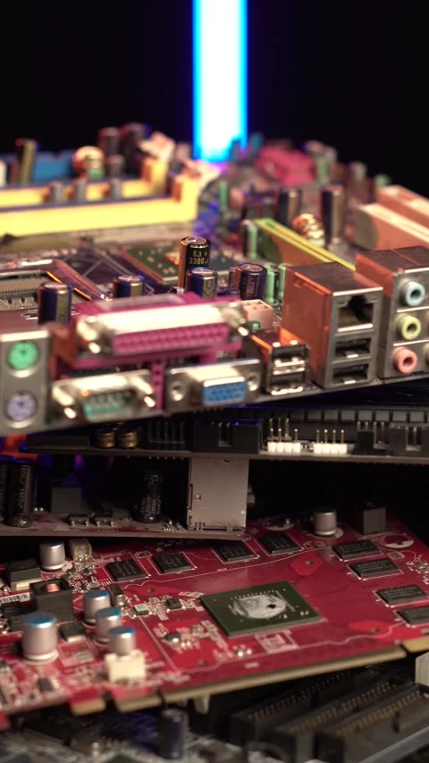 Vertical View of Old Computer Motherboards and Parts, Electronic Waste Close Up 動画素材 331330970