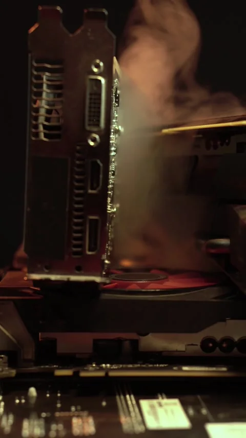 Vertical View of Old Computer VGA Graphic Cards in Smoke, Close Up Stock Footage 331303748