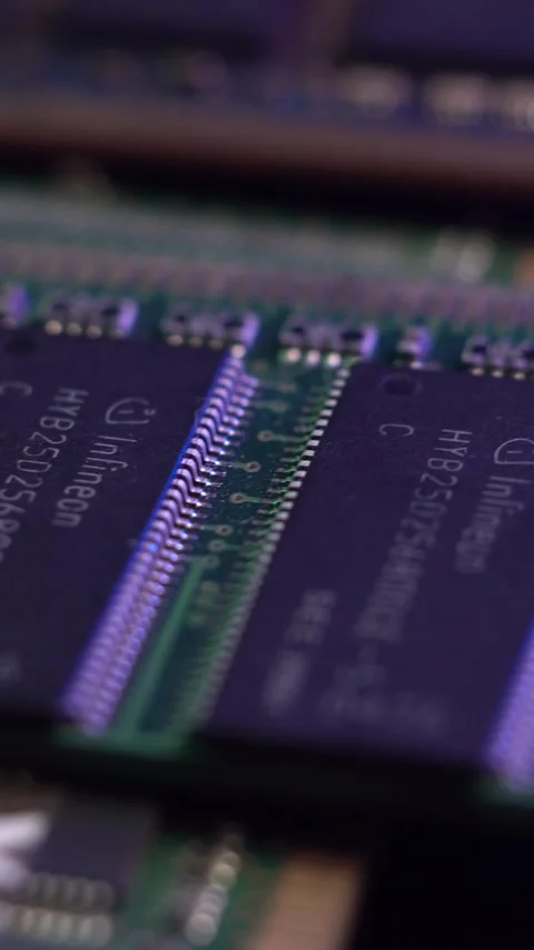 Vertical View of Old RAM Memory Modules, Computer Hardware Macro Close Up Stock Footage 327615316