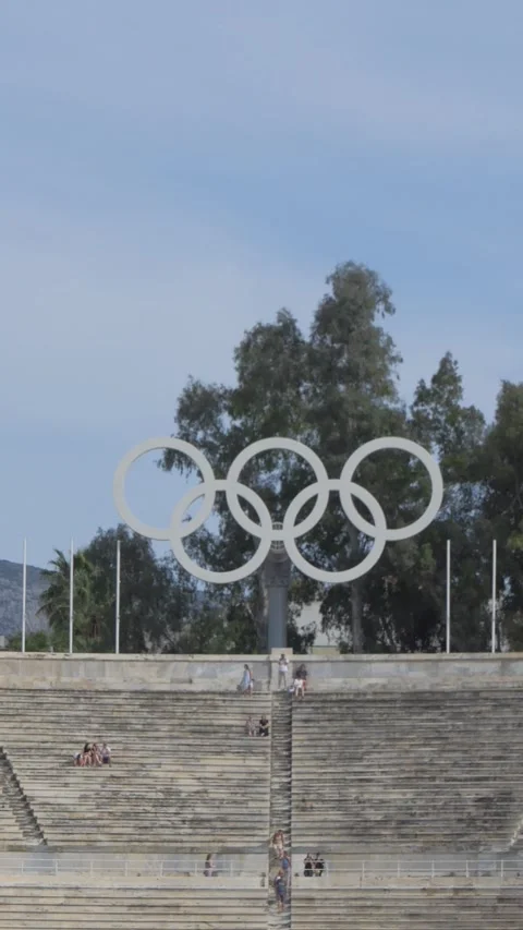 Vertical View of the Panathenaic Stadium and Olympic Rings Stock Footage 341683956