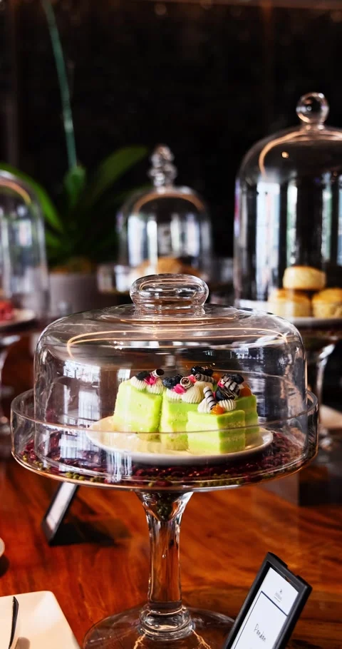 Vertical View: Pandan Cakes on Elegant Dessert Buffet Stock Footage 326707969