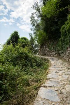 Vertical View of the Path between Corniglia and Vernazza at Summer. Stock Photos