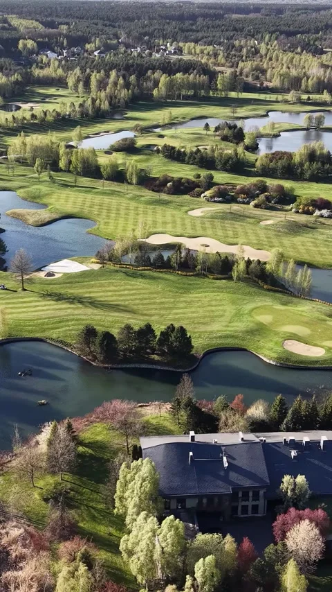 Vertical view. Peaceful golf course landscape with water features Stock Footage 348630789
