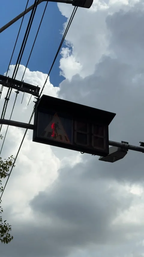 Vertical View Of Pedestrian Crosswalk Countdown Traffic Light Changing To Red Stock Footage 346596874